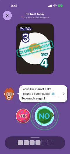 A scanned carrot cake in No Treat Today: Crush counts four sugar cubes and asks “Too much sugar?”