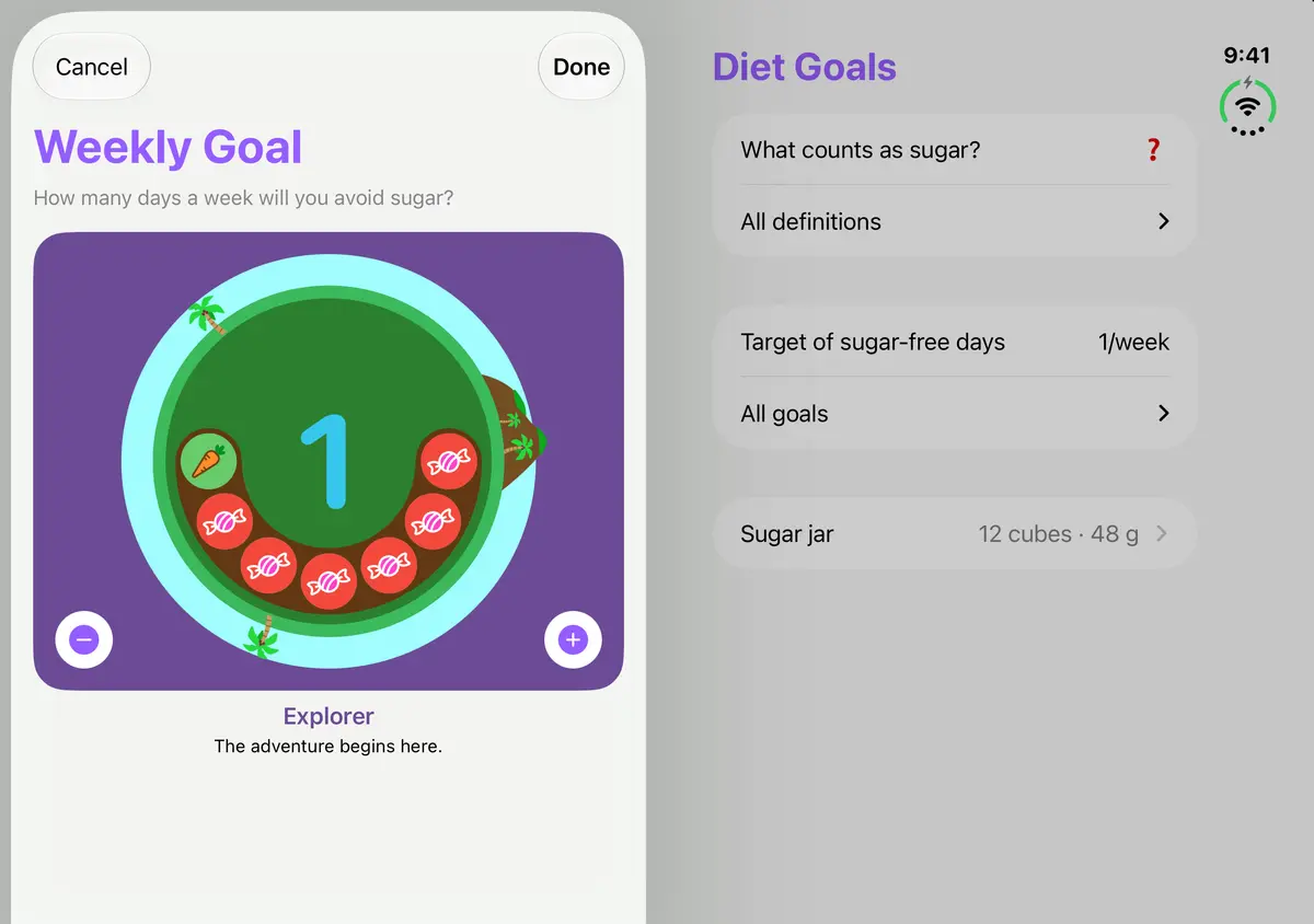 Quit Sugar: No Treat Today Weekly goal, iPhone Duo Book landscape