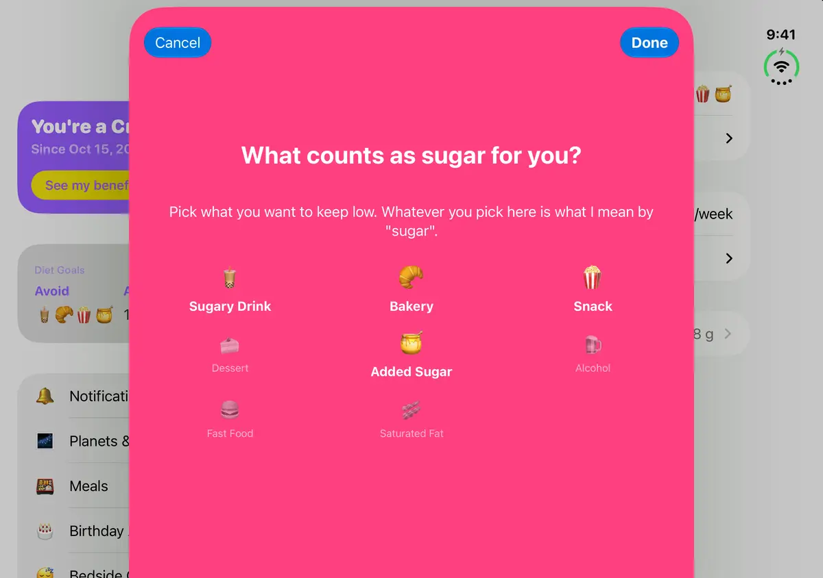 Quit Sugar: No Treat Today Diet picker, iPhone Duo Open landscape