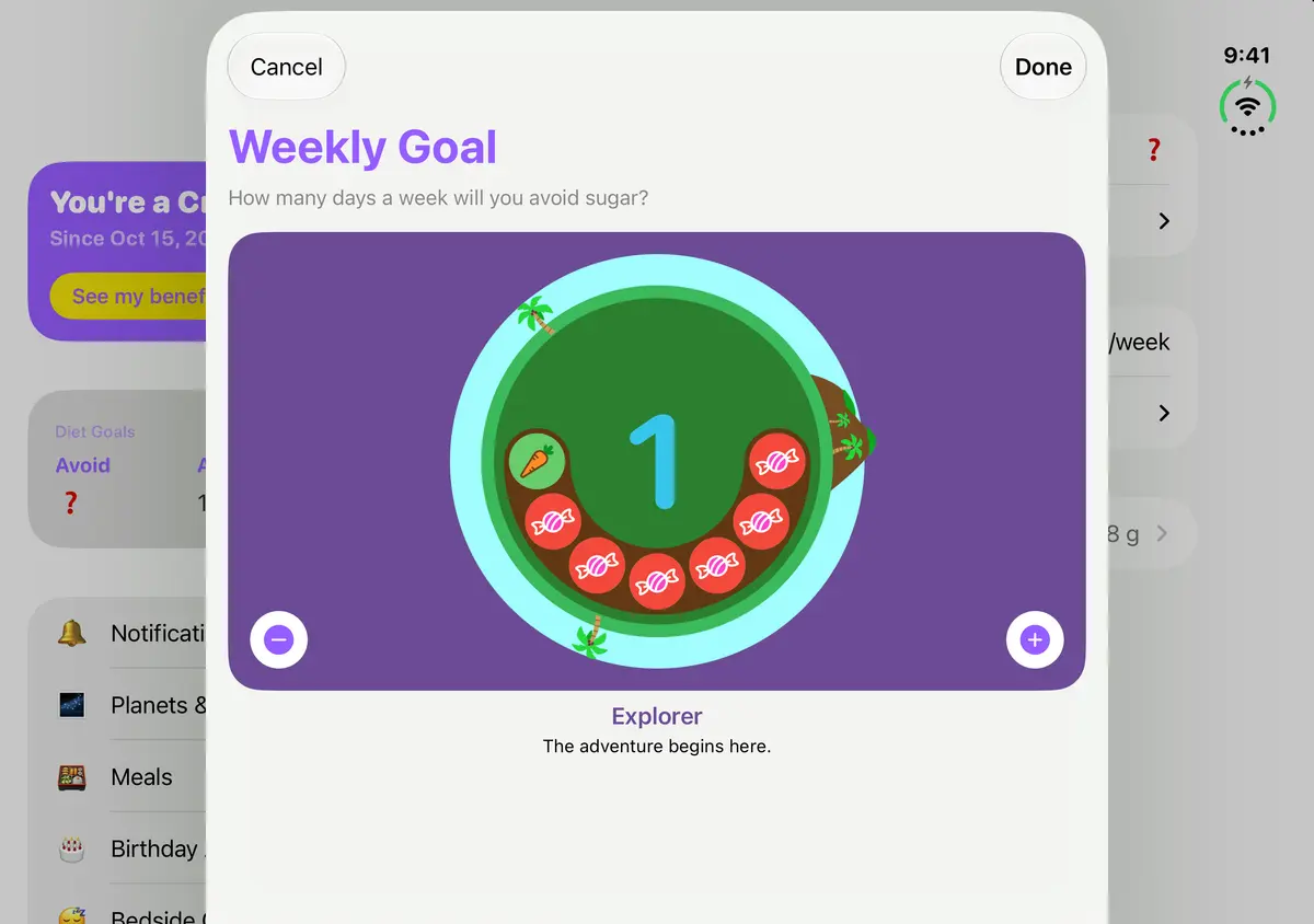 Quit Sugar: No Treat Today Weekly goal, iPhone Duo Open landscape