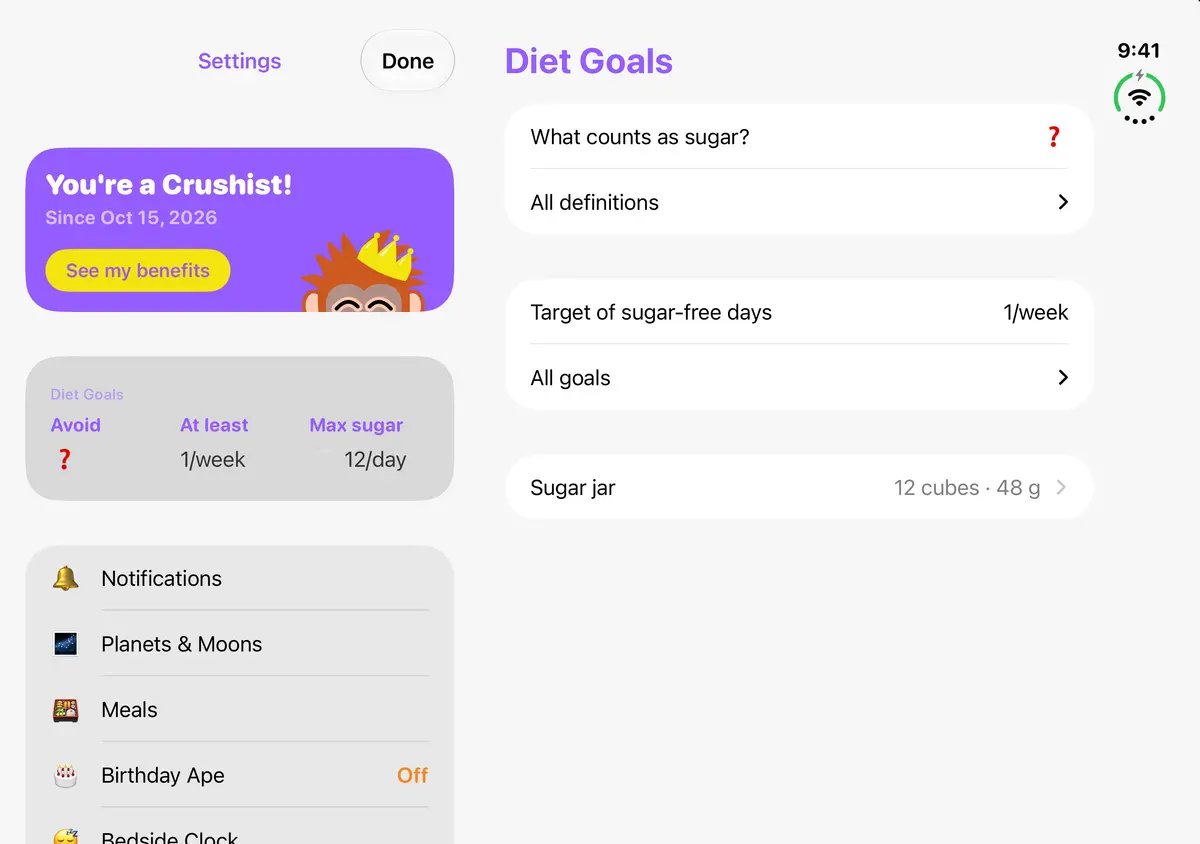 Quit Sugar: No Treat Today Settings, iPhone Duo Open landscape