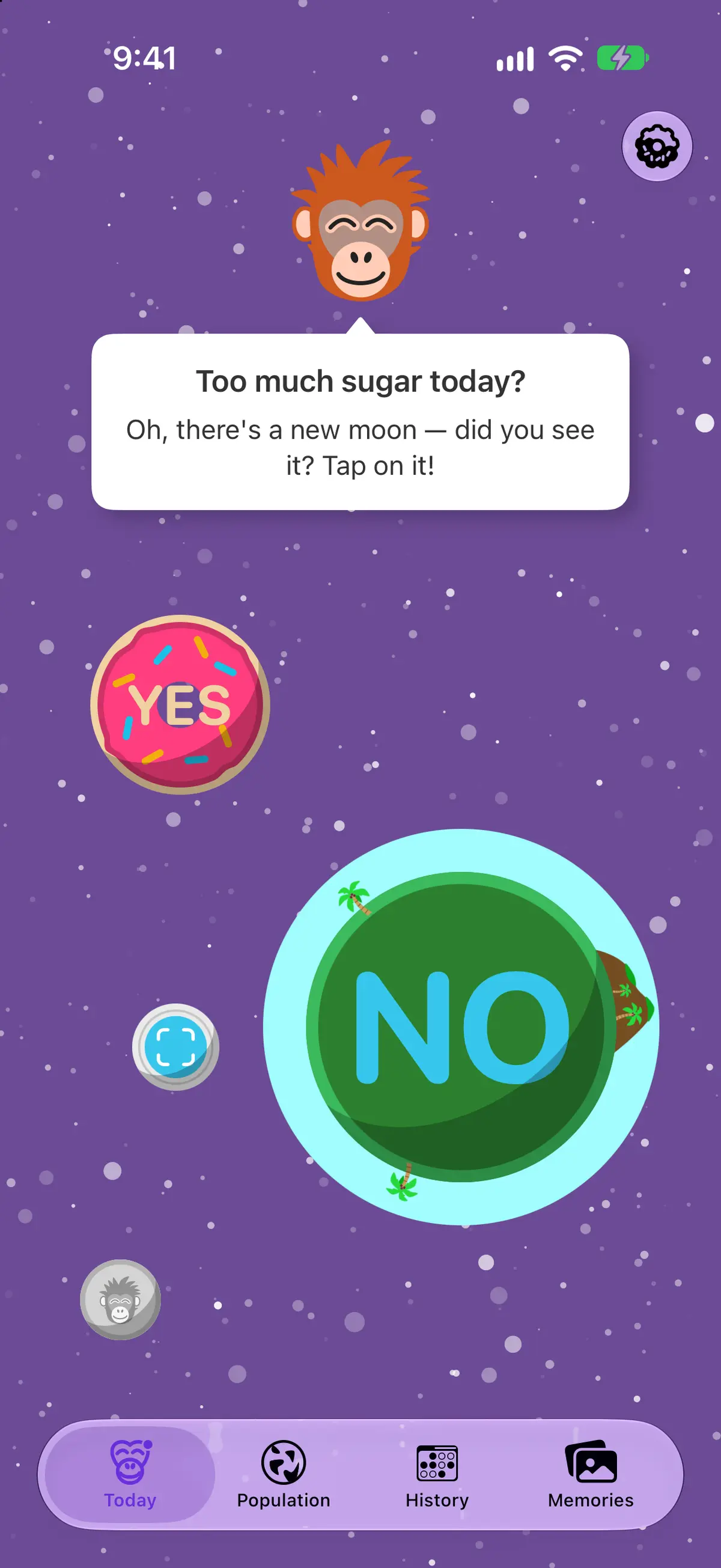 Today: Crush the orangutan asks “Too much sugar today?” above the donut YES button and the green NO planet, with the camera moon in orbit