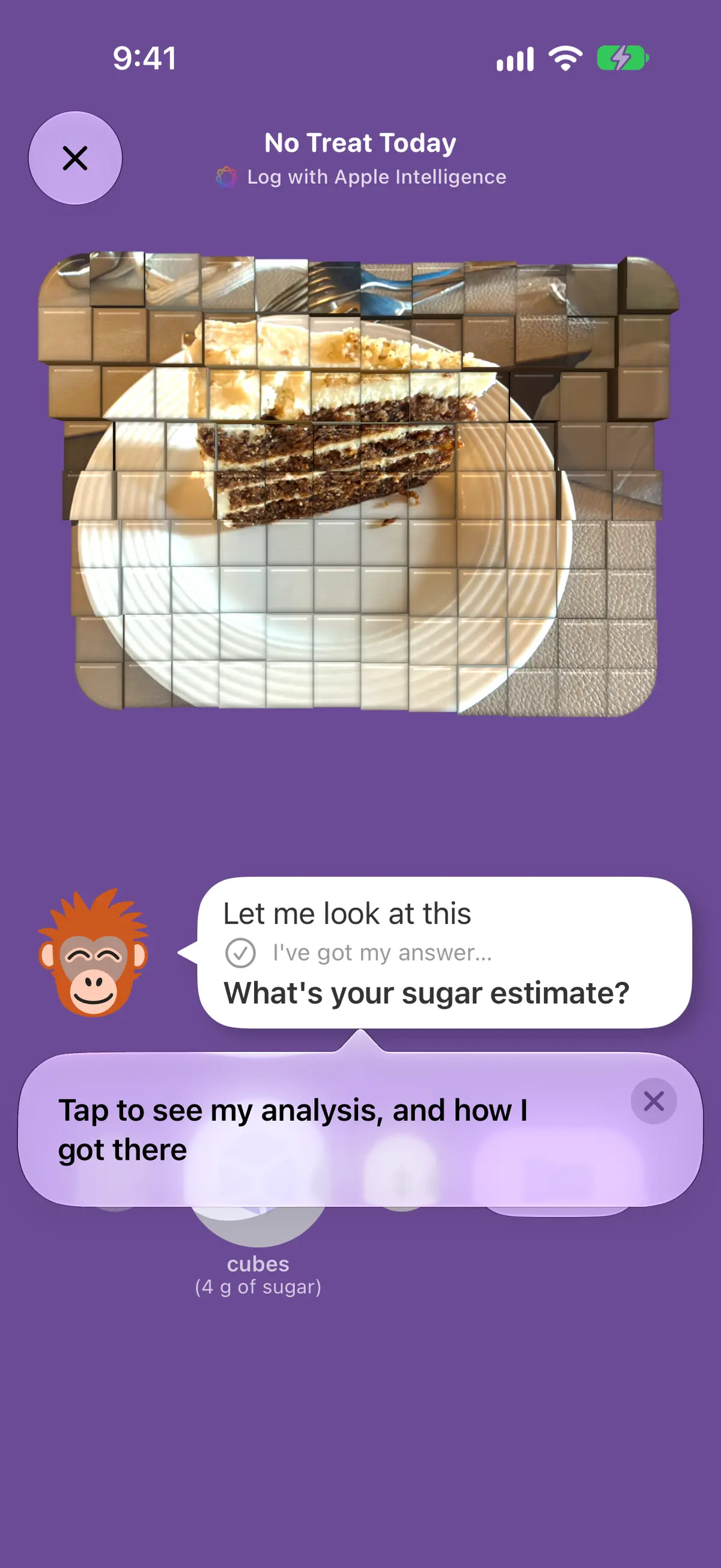 Meal scanning: Crush identifies a photographed slice of carrot cake and asks for your sugar estimate before giving his