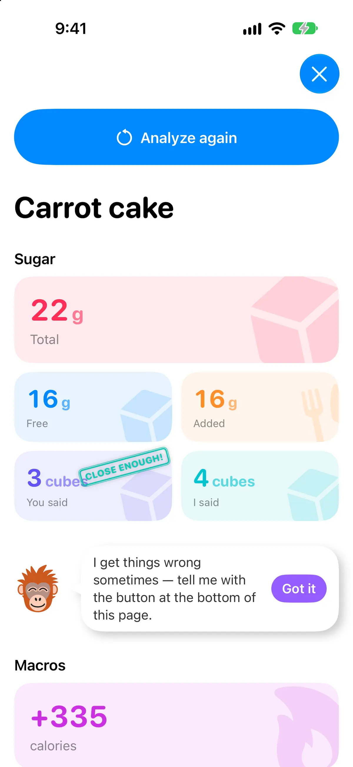 Scan details for a carrot cake: 22 g of sugar in total, free and added sugar, your guess against Crush’s, and the “I get things wrong sometimes” note
