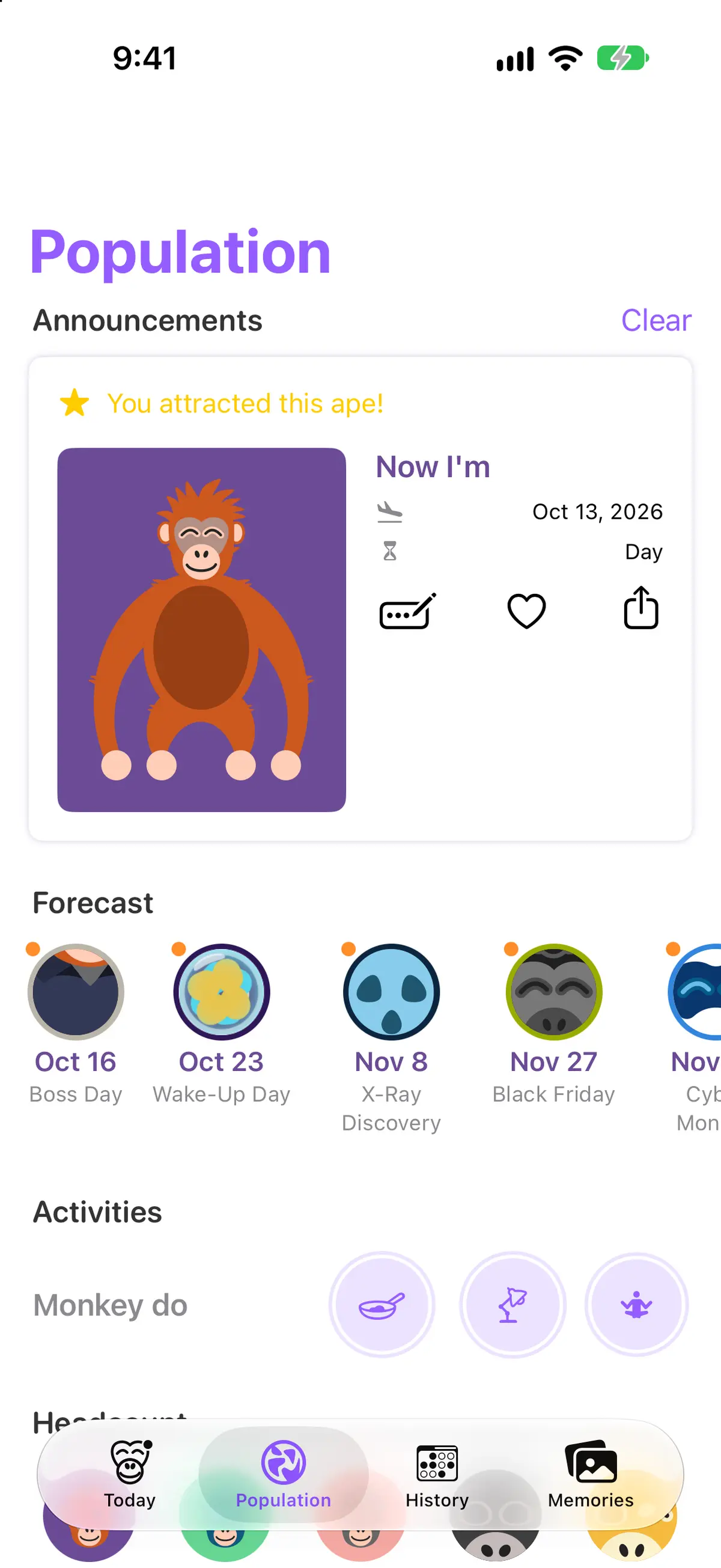 Population: a newly attracted ape named Now I’m, the forecast of upcoming holidays including Wake-Up Day