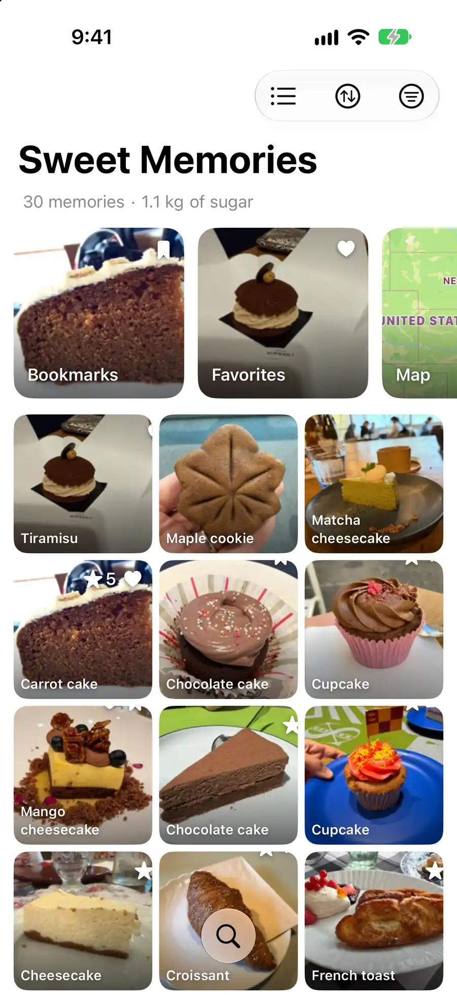 Sweet Memories: thirty cards, one per day, all of them sweet — tiramisu, cheesecakes, chocolate cake, cupcakes, a croissant — with Bookmarks, Favorites and Map piles on top