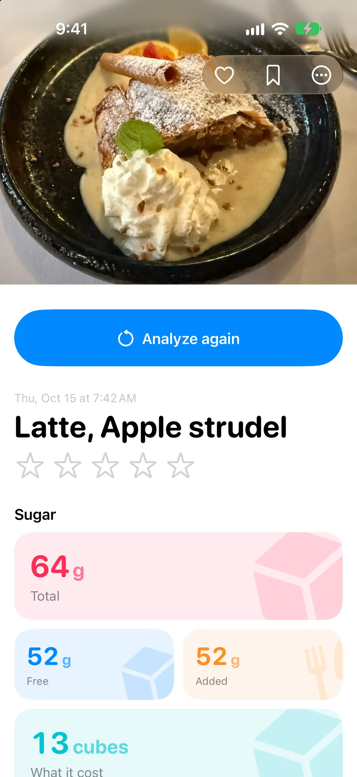 A memory’s own page: a photographed apple strudel and latte, their sugar in grams and cubes, and Analyze again