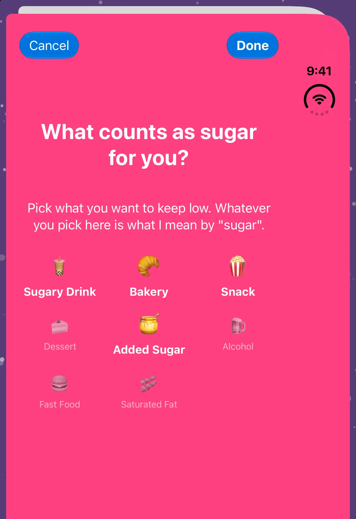 iPhone Duo, closed (outer display): the sugar definition picker