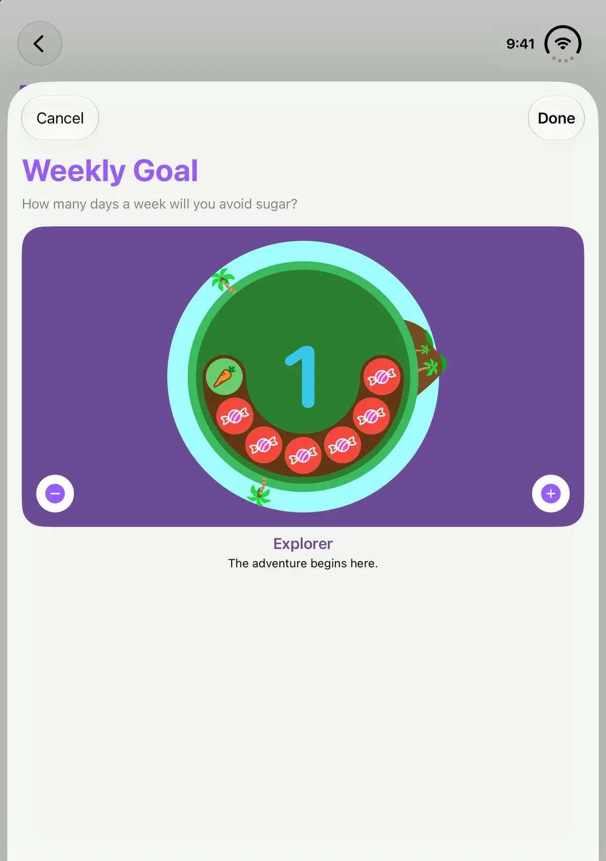 iPhone Duo, fully open: the weekly goal picker set to one sugar-free day