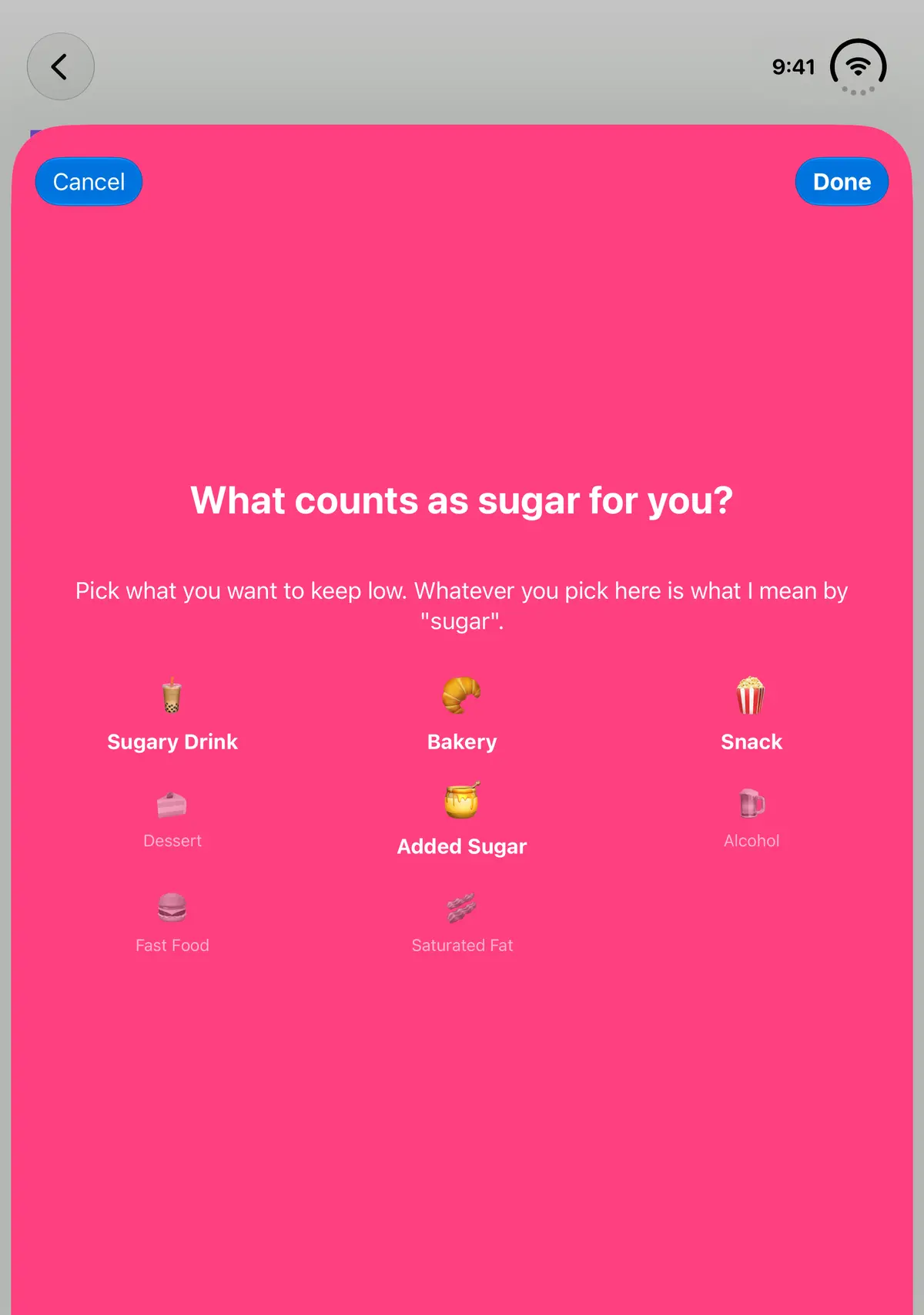 iPhone Duo, fully open: “What counts as sugar for you?”, the definition picker with sugary drinks, bakery, snacks, desserts, added sugar, alcohol, fast food and saturated fat