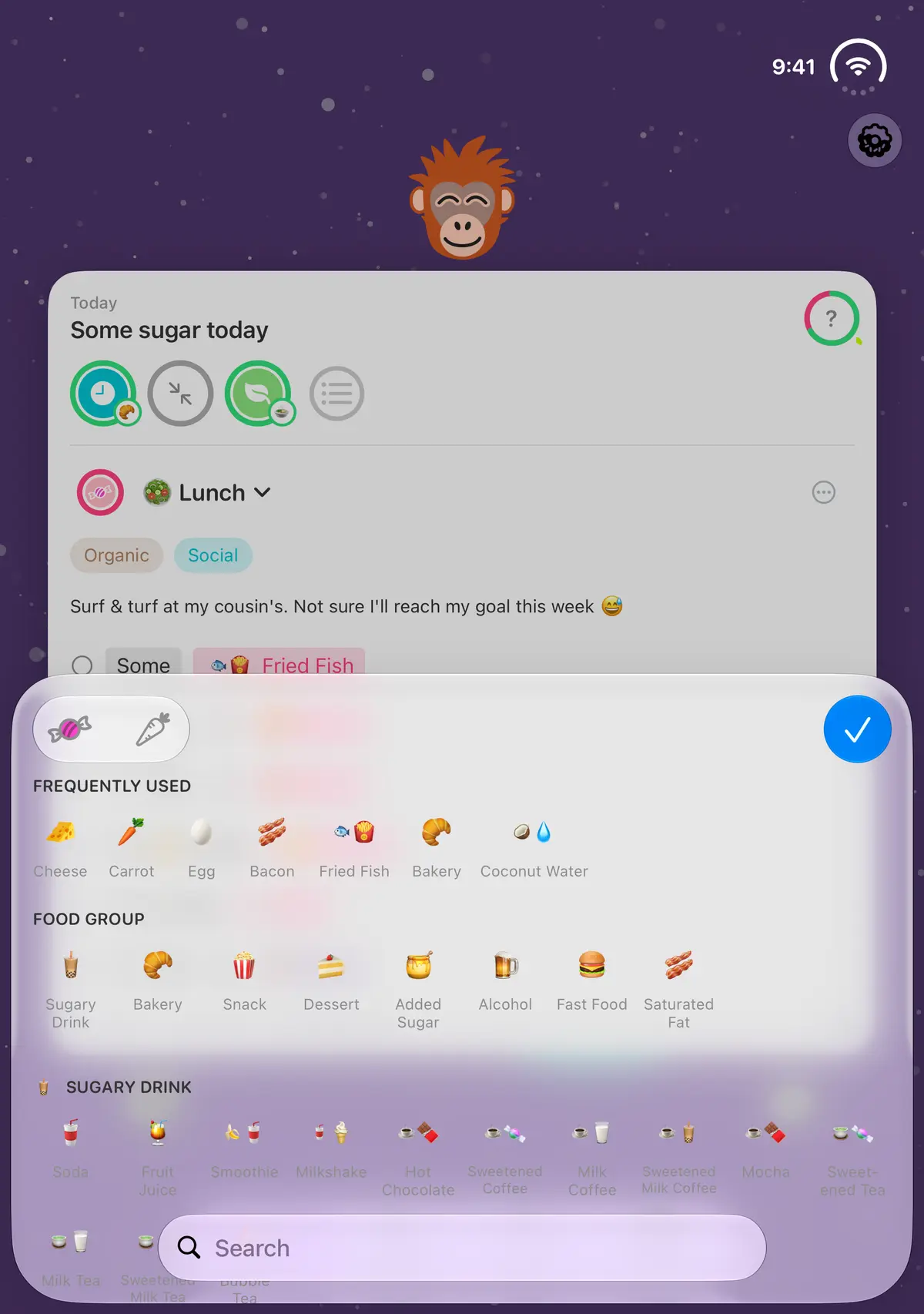iPhone Duo, fully open: the food picker with frequently used foods and food groups